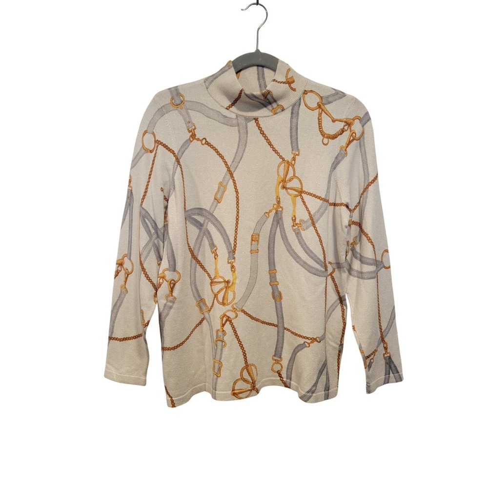 Chicos Small 8/10 Ivory Gold Gray Equestrian Shimmer Mock Neck Blouse Old Money